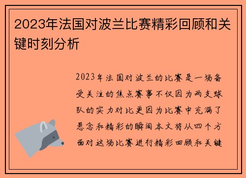 2023年法国对波兰比赛精彩回顾和关键时刻分析