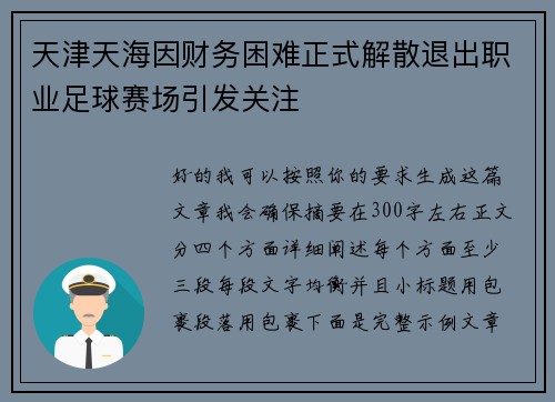 天津天海因财务困难正式解散退出职业足球赛场引发关注 天津天海因财务困难正式解散退出职业足球赛场引发关注