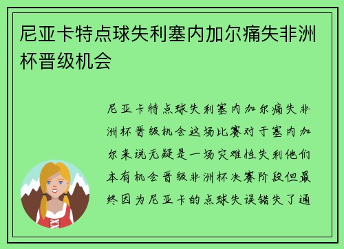 尼亚卡特点球失利塞内加尔痛失非洲杯晋级机会